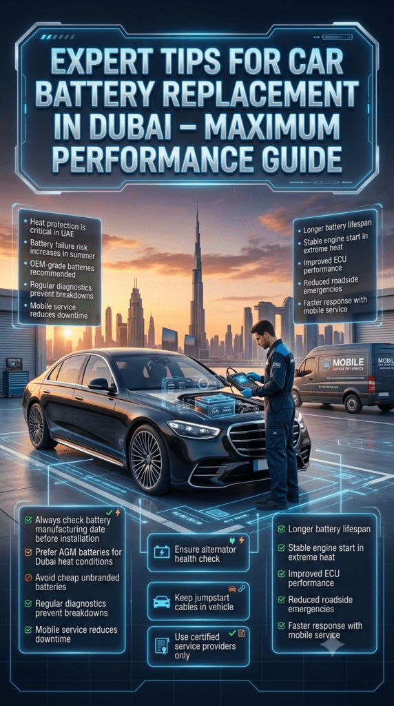 Infographic showing expert car battery replacement tips in Dubai including AGM battery preference, ECU reset, alternator check, manufacturing date verification, and certified service recommendations.