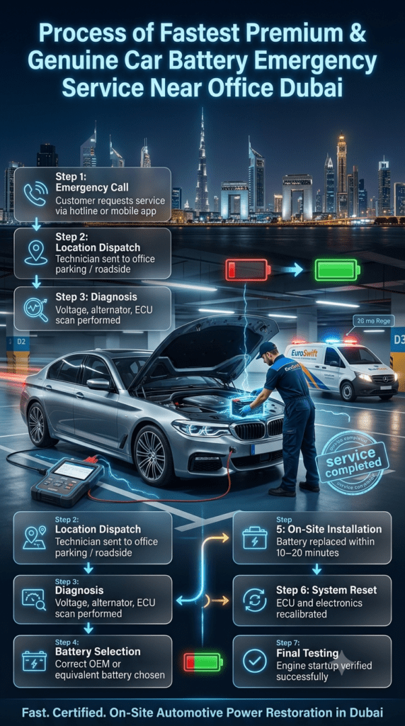 Step-by-step infographic showing fastest premium and genuine car battery emergency service near office Dubai process from emergency call to final testing with mobile technician installation.