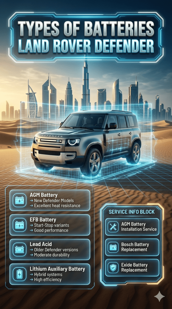 Infographic showing types of Land Rover Defender batteries including AGM, EFB, lead acid, and lithium systems with Dubai luxury SUV background and service options.
