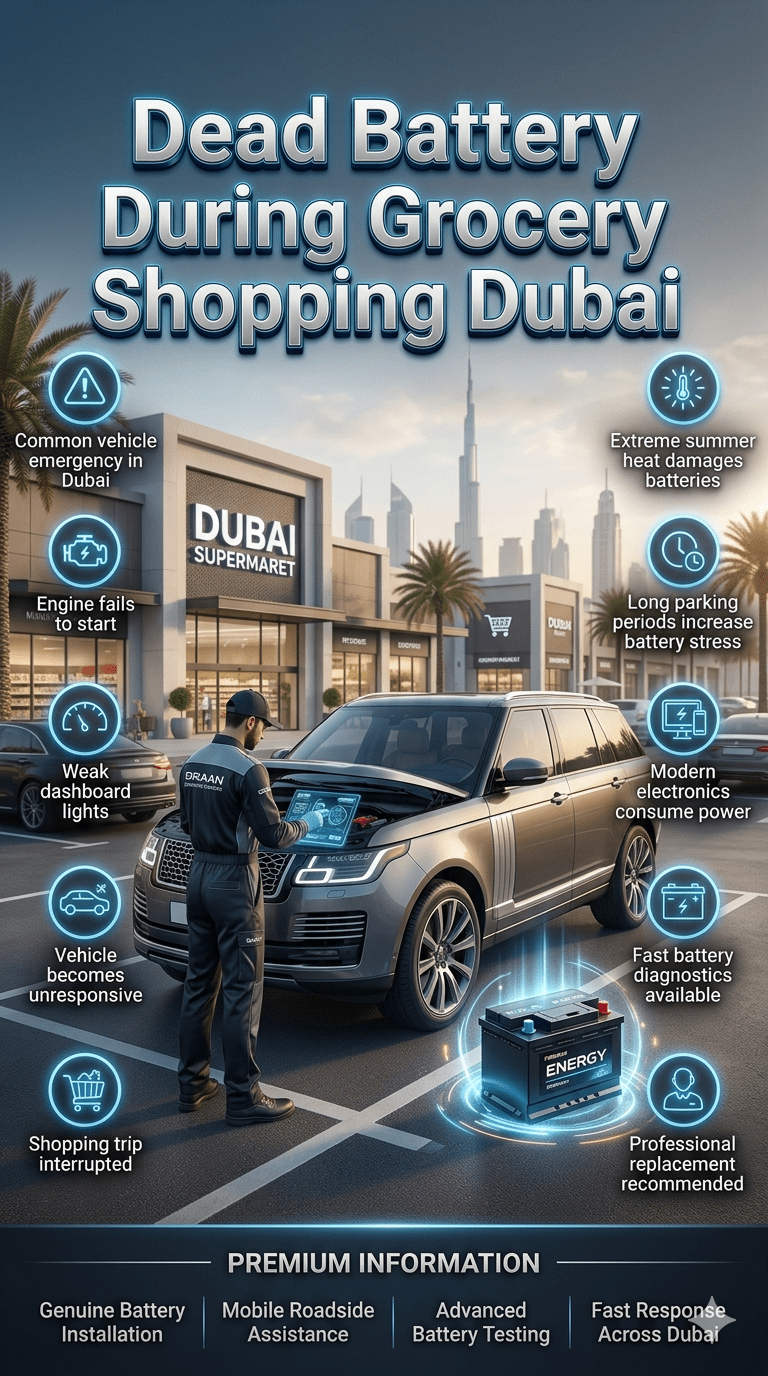 Luxury SUV with a dead battery in a Dubai supermarket parking area while a professional technician performs battery diagnostics and replacement.