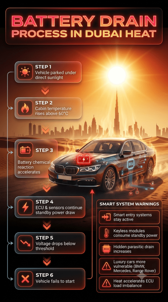 Step-by-step infographic showing how car batteries drain in Dubai heat after parking under sun with ECU load, temperature rise, voltage drop, and smart system drain explanation.