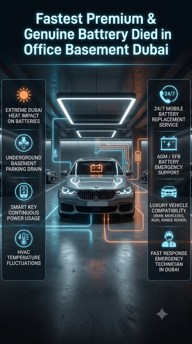 Luxury car battery failure in Dubai office basement parking with emergency warning dashboard, showing causes of battery drain and mobile replacement service infographic.
