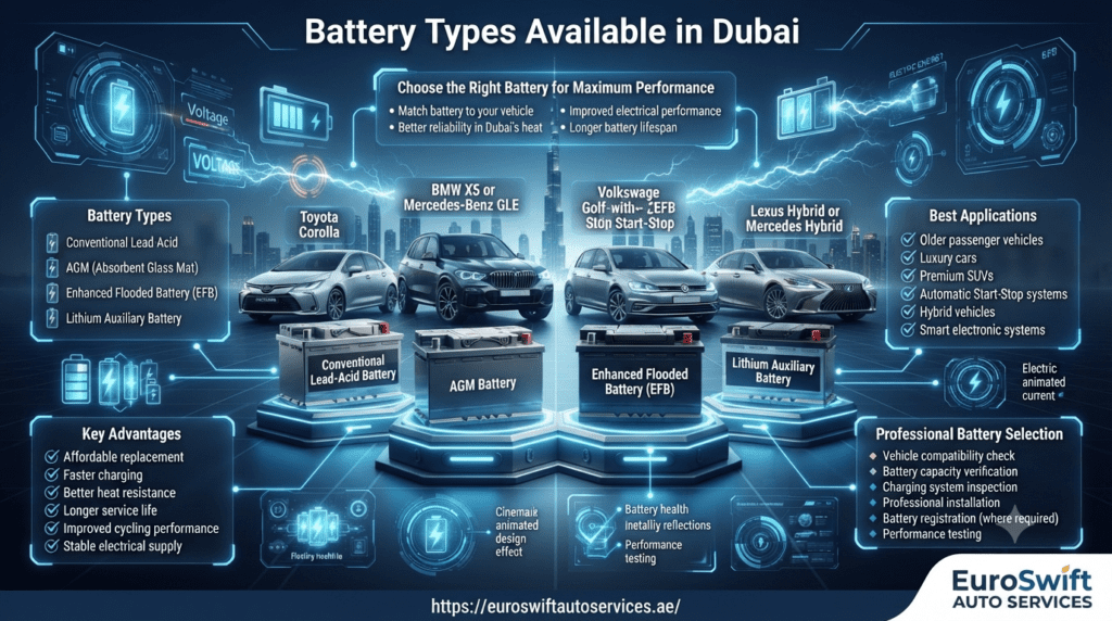 Battery Types Available in Dubai โ Choose the Right Car Battery Battery Types Available in Dubai infographic comparing conventional lead-acid, AGM, Enhanced Flooded Battery (EFB), and lithium auxiliary batteries for different vehicle types.