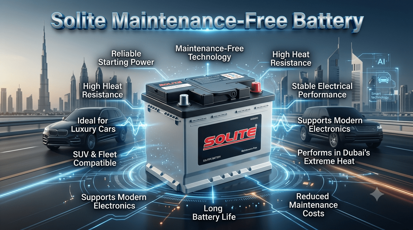 Solite Maintenance-Free Battery infographic featuring reliable starting power, heat resistance, maintenance-free technology, and compatibility with luxury vehicles and SUVs in Dubai UAE.