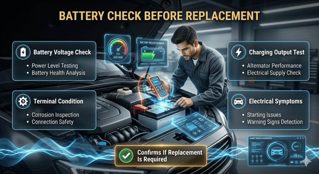 Car battery inspection guide showing technician checking voltage, terminals, charging output, and electrical symptoms before replacement.