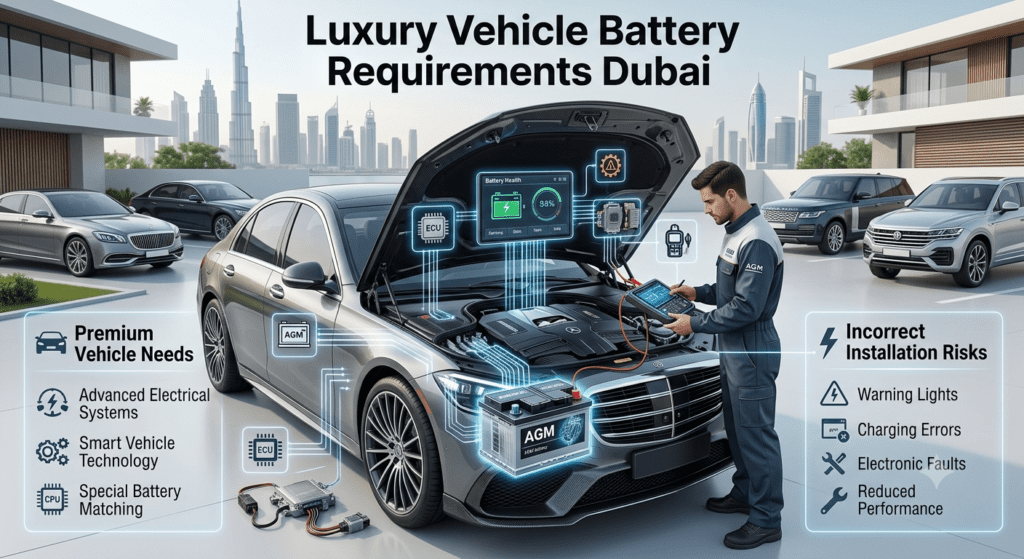 Luxury vehicle battery requirements Dubai showing premium car battery selection, AGM technology, diagnostic testing, and electronic system protection.