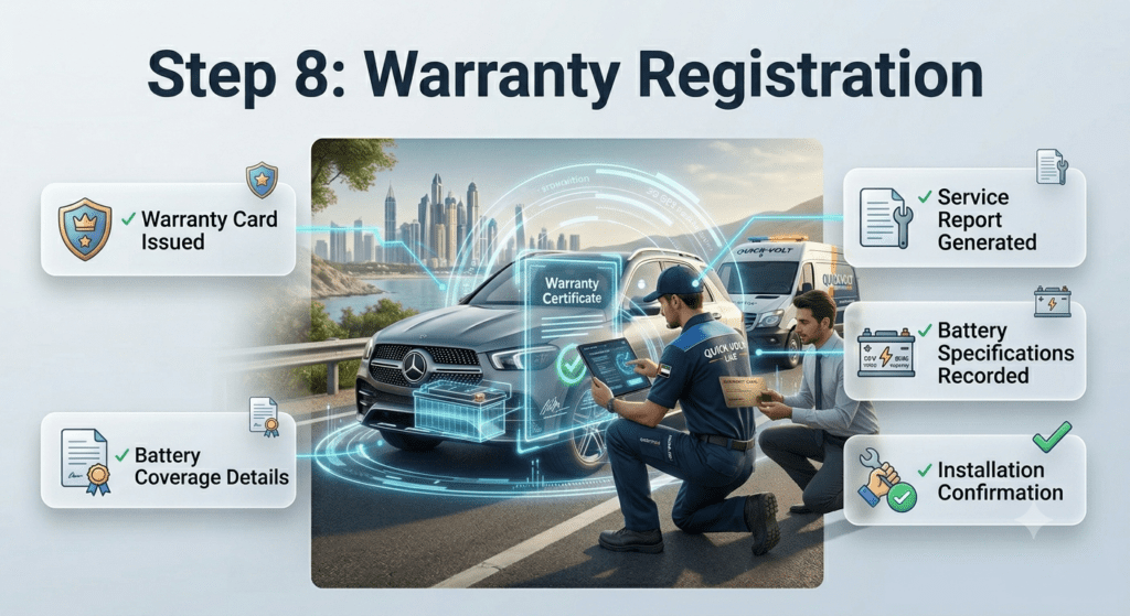 Step 8: Warranty Registration – Complete Battery Replacement Support Premium roadside battery replacement infographic showing warranty registration with warranty card, service report, battery details, and installation confirmation.