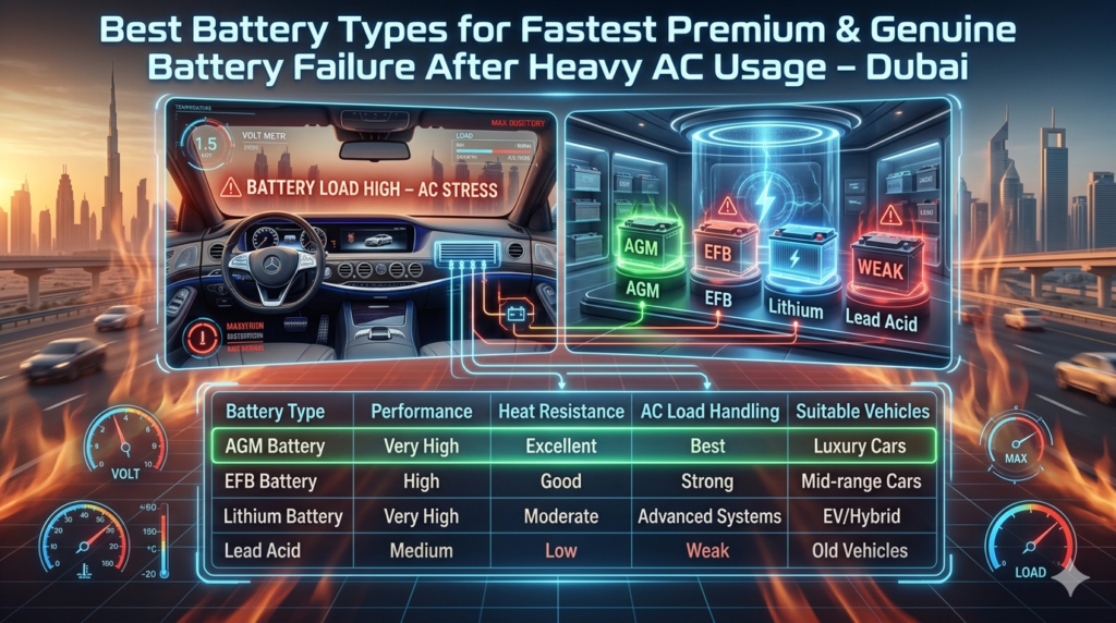 Futuristic infographic showing car battery types comparison in Dubai heat conditions, highlighting AGM, EFB, Lithium, and Lead Acid performance under heavy AC usage.