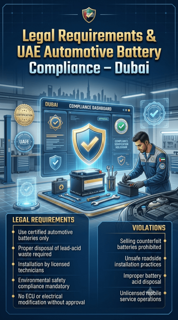 Futuristic automotive compliance infographic showing UAE legal requirements for car battery services in Dubai including certified batteries, proper disposal rules, licensed technician installation, and violation warnings in a high-tech dashboard design.