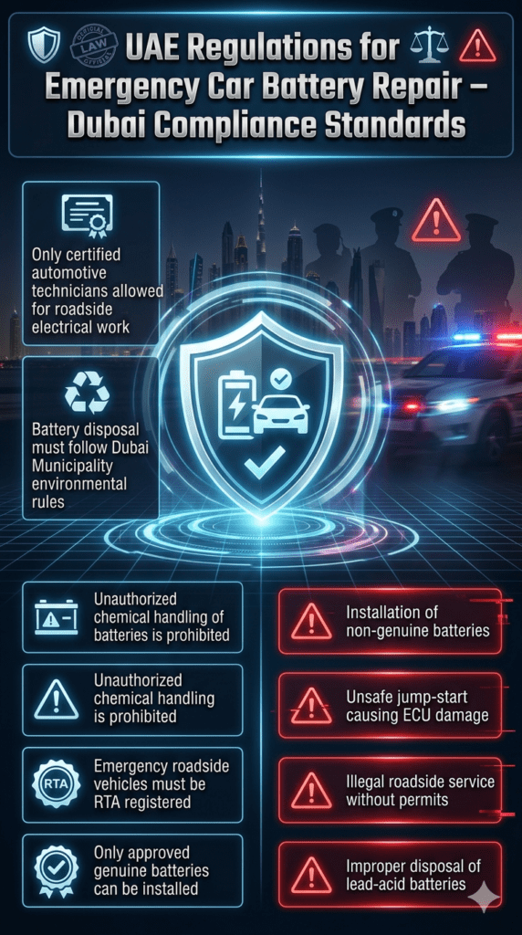 UAE Legal Regulations for Emergency Car Battery Repair Dubai Compliance Guide Premium legal infographic showing UAE regulations for emergency car battery repair in Dubai, including technician certification rules, battery disposal laws, RTA compliance, and violation warnings displayed in a structured futuristic compliance dashboard.