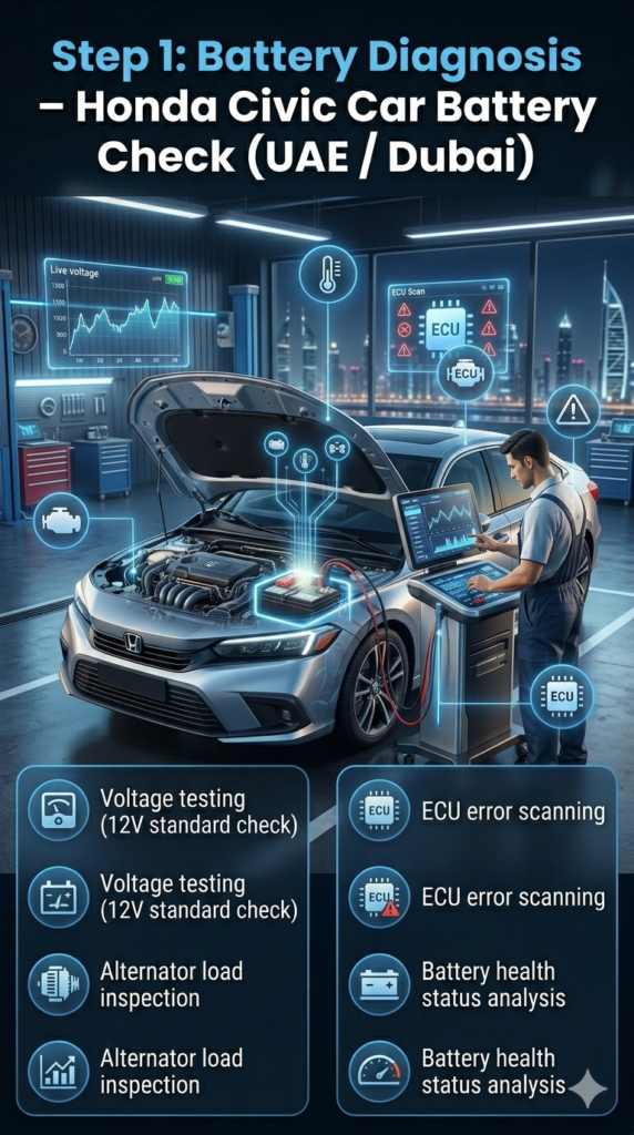 Honda Civic battery diagnosis process showing voltage testing, alternator inspection, and ECU scanning in a modern Dubai workshop with digital diagnostic tools.