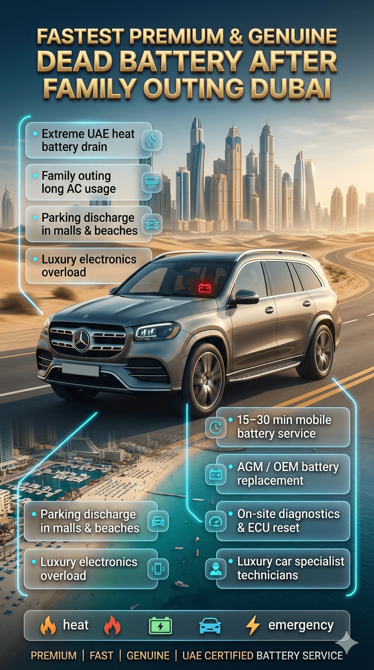 Luxury infographic showing car battery failure after family outing in Dubai with emergency mobile battery replacement service highlights.
