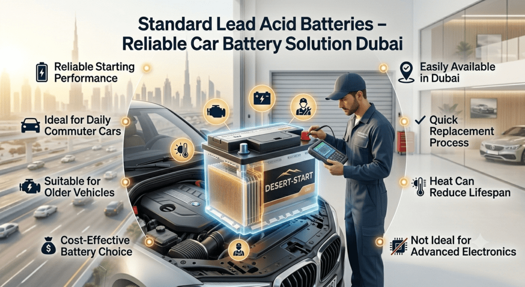 Standard lead acid car battery Dubai infographic showing reliable starting power, affordable replacement, and vehicle battery limitations