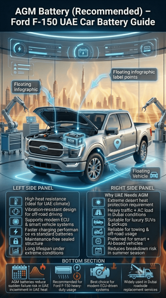 AGM Battery (Recommended) – Ford F-150 Car Battery Replacement in UAE Ford F-150 AGM battery infographic showing features like heat resistance, ECU support, vibration protection, and UAE driving suitability in a modern futuristic automotive design.
