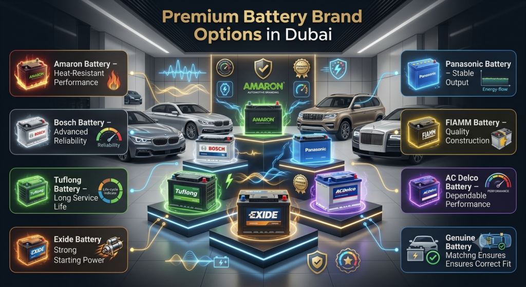Premium Battery Brand Options in Dubai – Genuine Battery Comparison Guide Premium battery brand comparison in Dubai featuring Amaron, Bosch, Tuflong, Exide, Panasonic, FIAMM, and AC Delco batteries with key performance advantages.