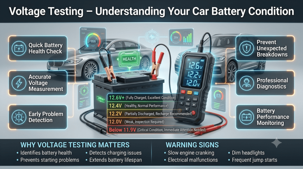 Professional automotive infographic showing car battery voltage testing results with a central digital battery analyzer, luxury vehicle, and color-coded voltage readings indicating battery health levels from fully charged to critical condition.
