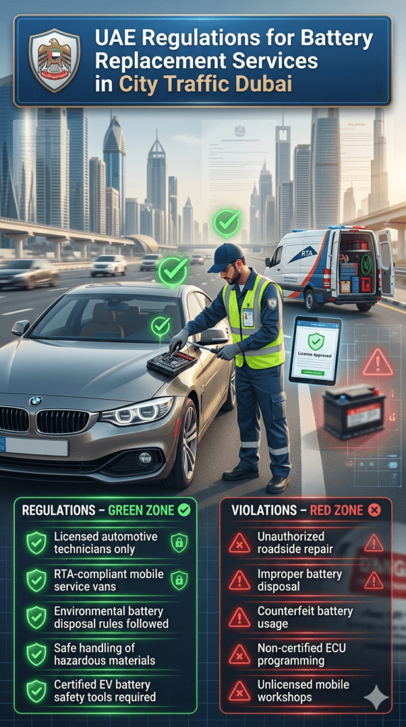 Automotive compliance infographic showing UAE regulations for car battery replacement services in Dubai, including licensed technicians, RTA-compliant vans, environmental rules, and violations such as unauthorized repair and counterfeit batteries.
