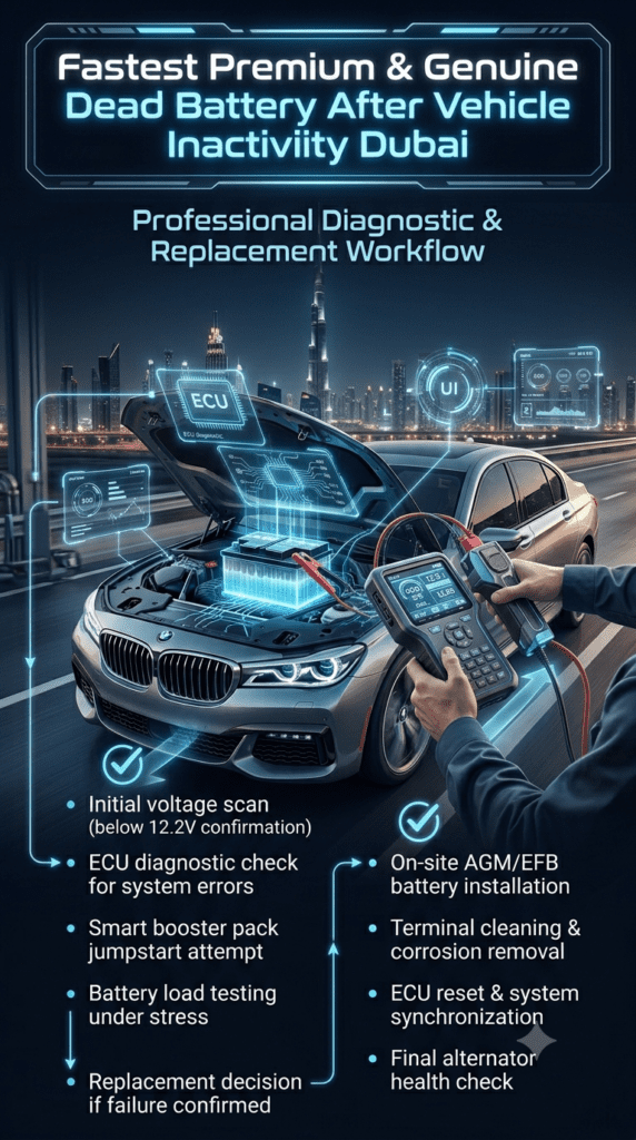 Fastest Premium & Genuine Dead Battery After Vehicle Inactivity Dubai โ Professional Diagnostic Process Luxury automotive diagnostic workflow infographic showing step-by-step process of dead battery repair in Dubai, featuring a premium car, ECU diagnostics, voltage testing, and battery replacement procedure.