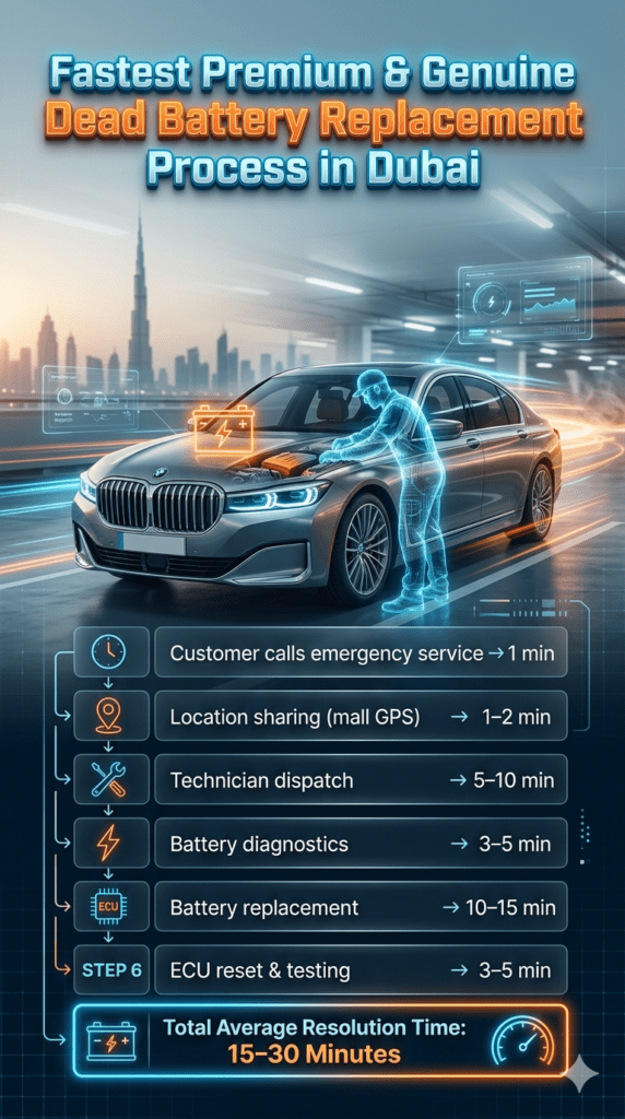 Infographic showing step-by-step car battery replacement process in Dubai including emergency call, GPS sharing, technician dispatch, diagnostics, replacement, and ECU reset with total time of 15–30 minutes.