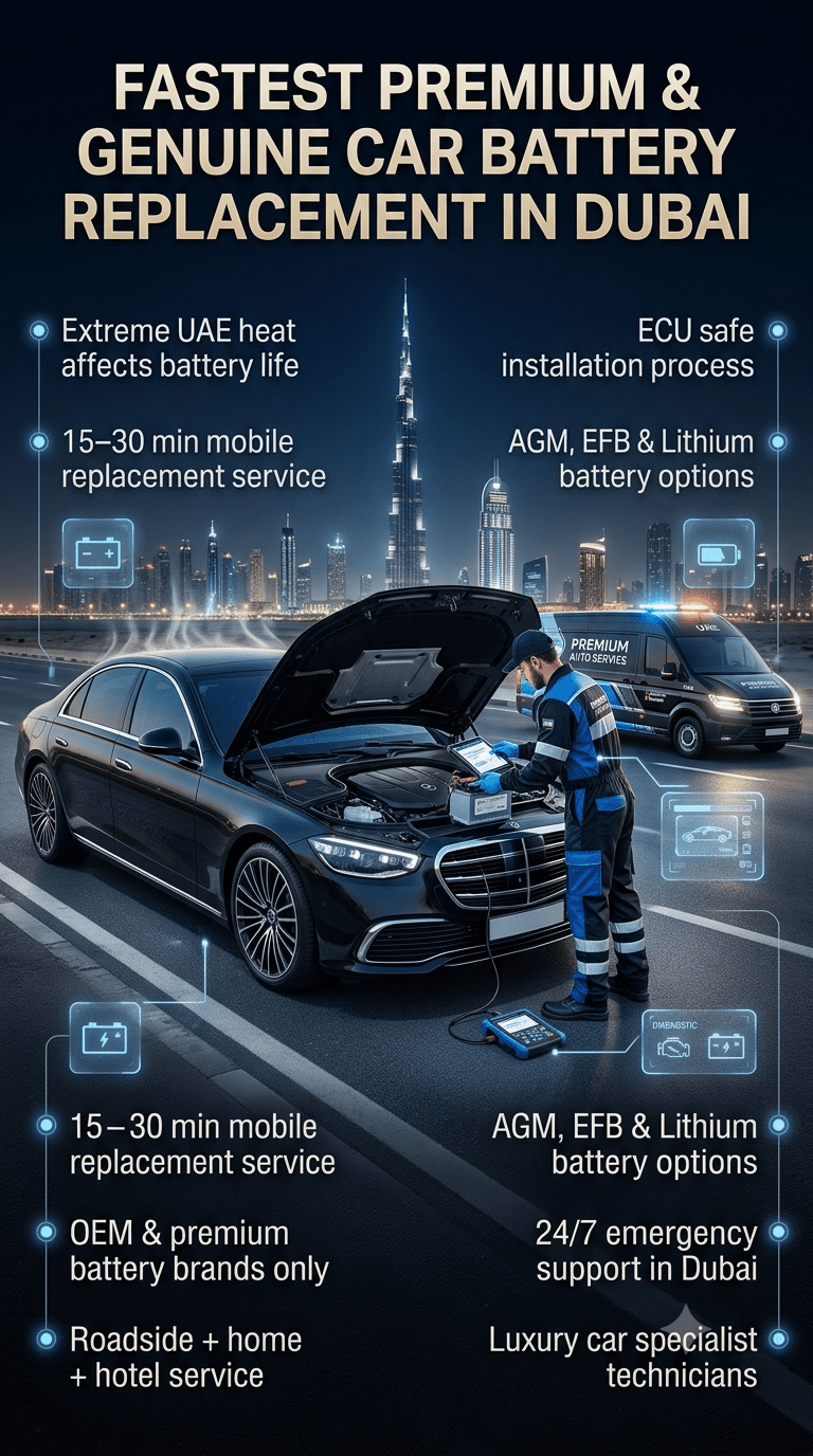 Premium fast car battery replacement service in Dubai showing luxury car being serviced by mobile mechanic with emergency roadside assistance and battery installation in extreme heat conditions.