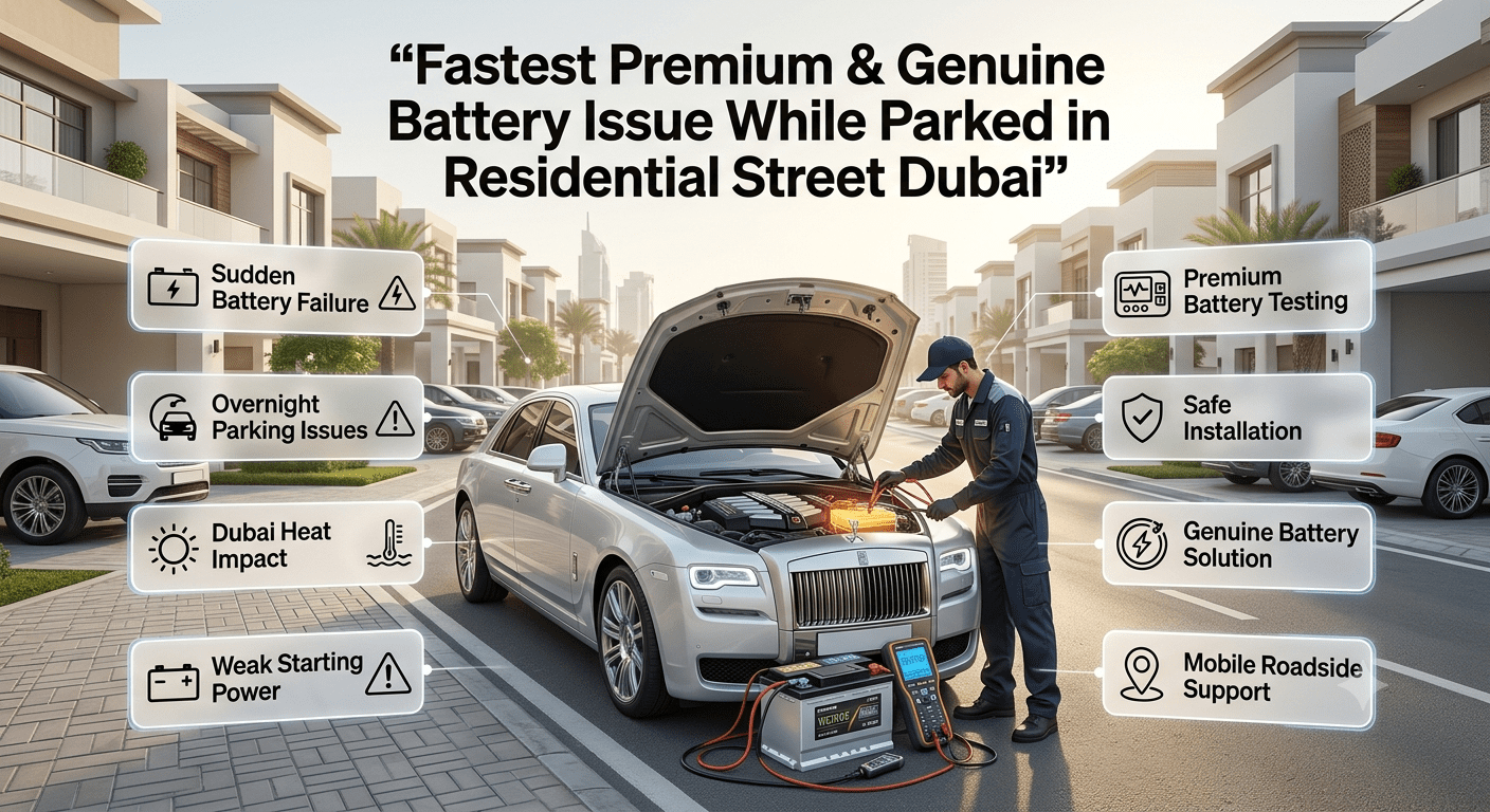 Fastest Premium & Genuine Battery Issue While Parked in Residential Street Dubai showing luxury car battery failure, professional inspection, Dubai roadside battery replacement service, and premium battery diagnosis.