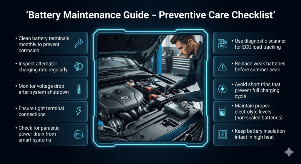 Automotive battery maintenance infographic showing preventive care checklist including terminal cleaning, alternator inspection, voltage monitoring, ECU diagnostics, and heat protection tips.