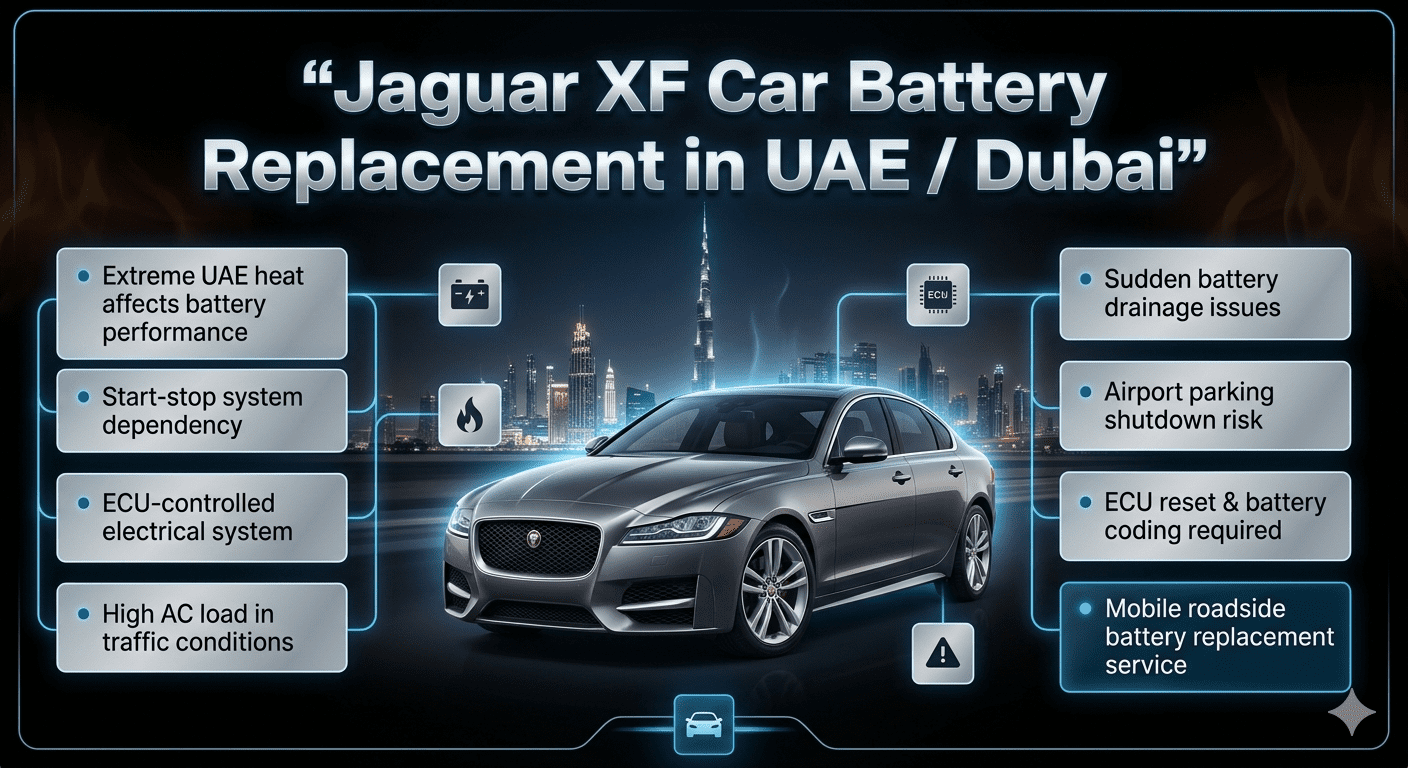 Luxury infographic showing Jaguar XF car battery replacement in UAE and Dubai with key issues like heat impact, ECU system, and roadside mobile service.