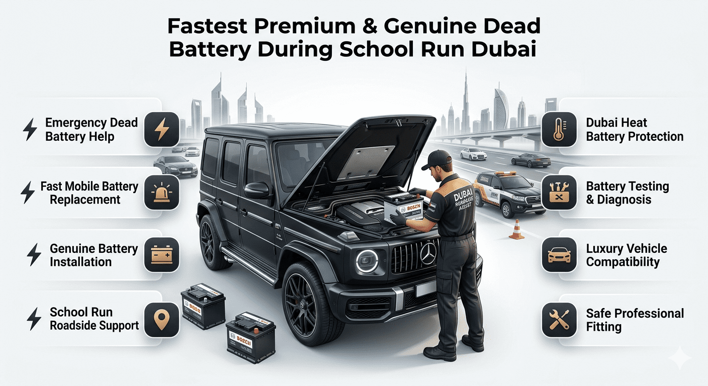 Fastest premium genuine dead battery replacement service during school run in Dubai showing emergency car battery assistance, mobile installation, and professional roadside support.