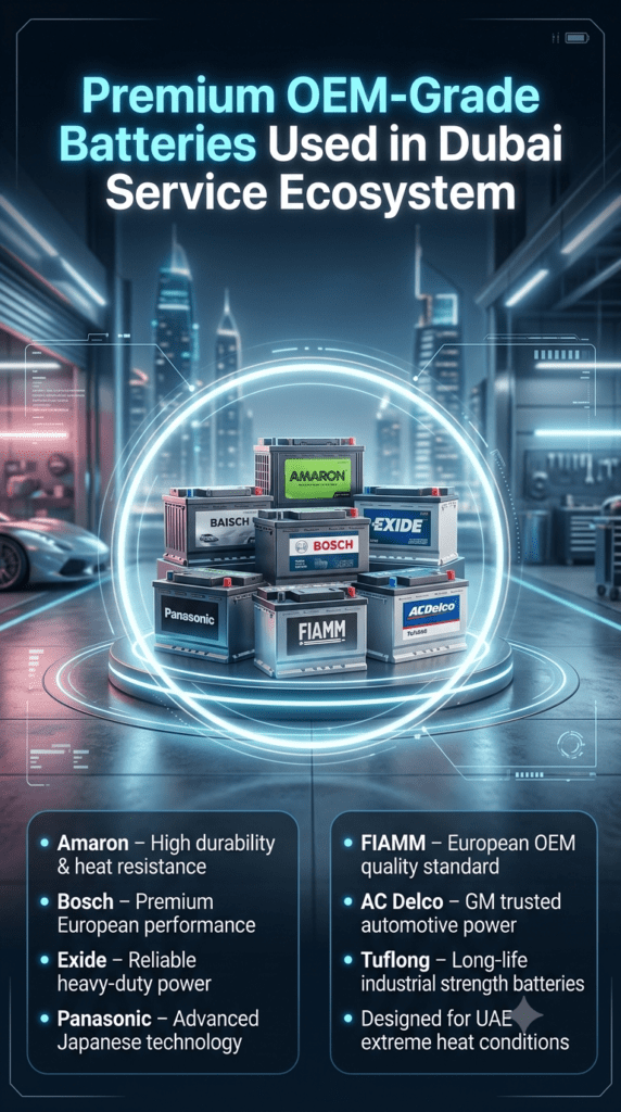 Futuristic automotive infographic showing premium OEM-grade car batteries used in Dubai including Amaron, Bosch, Exide, Panasonic, FIAMM, AC Delco, and Tuflong with central glowing battery display and technical feature panels.