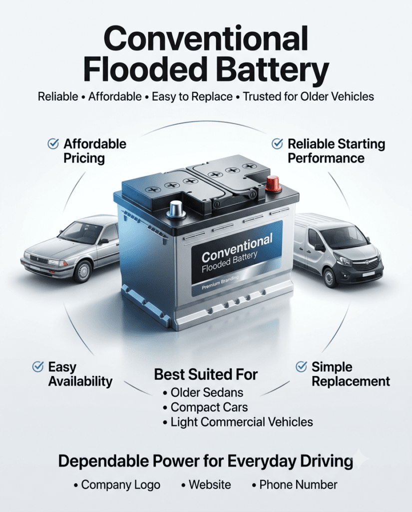 Conventional Flooded Battery | Reliable & Affordable Battery for Older Vehicles Premium infographic illustrating a conventional flooded car battery with an older sedan and compact vehicle, highlighting affordable pricing, reliable starting performance, easy availability, simple replacement, and ideal applications for older vehicles and light commercial cars.