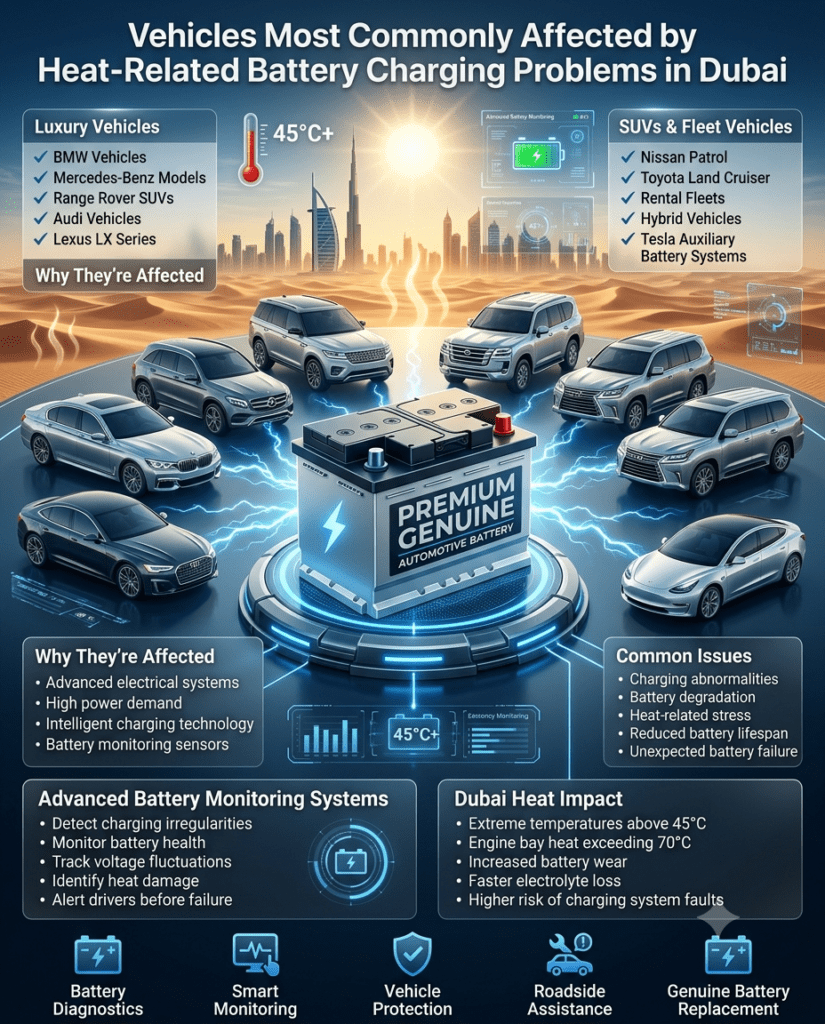 Professional automotive infographic showing luxury and premium vehicles commonly affected by battery charging issues after extreme heat exposure in Dubai, featuring BMW, Mercedes-Benz, Range Rover, Nissan Patrol, Toyota Land Cruiser, Lexus, Audi, Tesla, and hybrid vehicles.