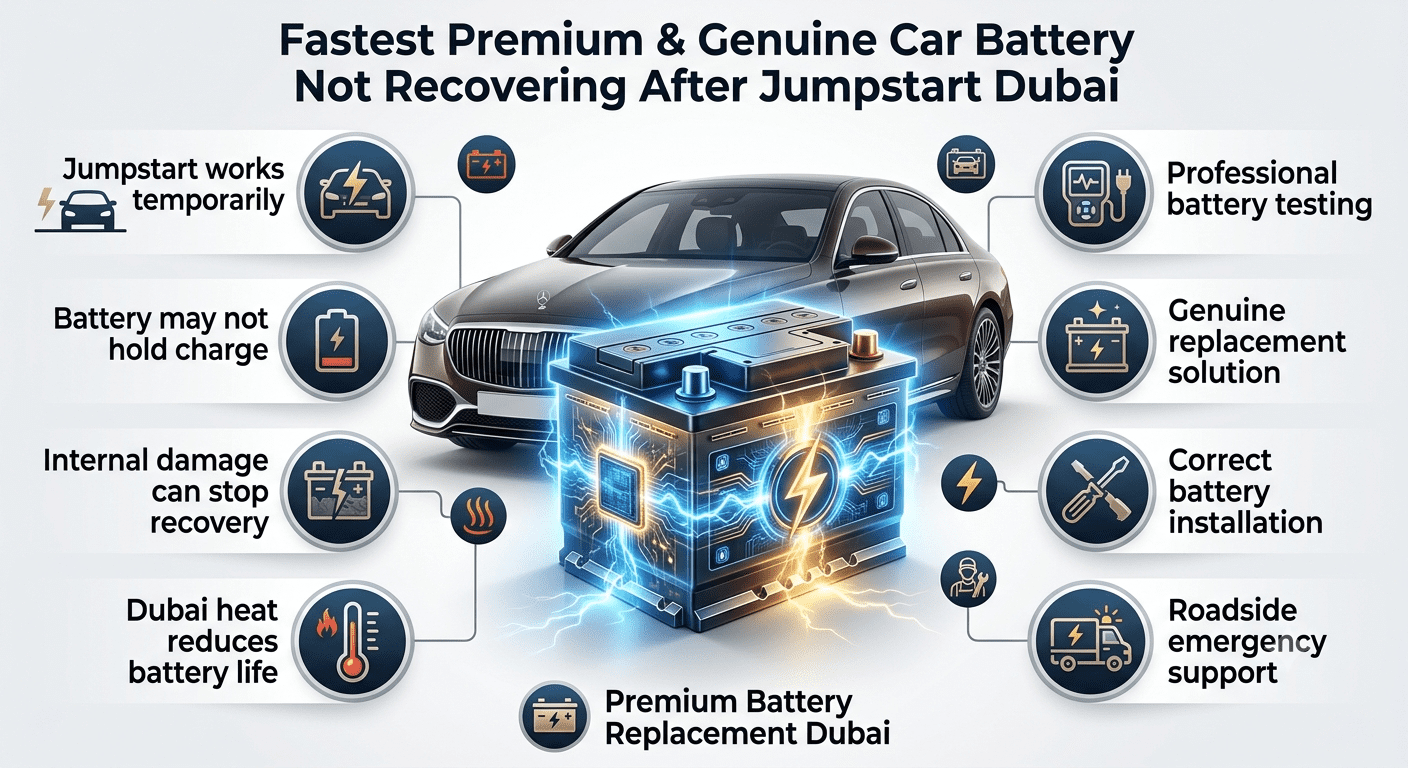 Premium car battery not recovering after jumpstart Dubai guide showing battery failure causes, testing process, and genuine replacement solution