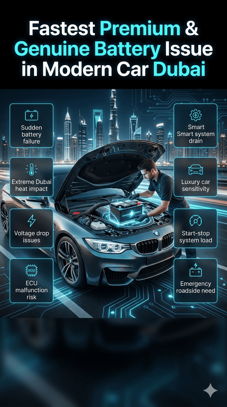 Luxury car battery replacement in Dubai showing technician diagnosing Fastest Premium & Genuine Battery Issue in Modern Car Dubai with futuristic skyline background and digital automotive system interface.