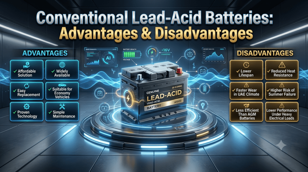 Conventional lead-acid battery infographic showing advantages and disadvantages with a premium battery image in the center, automotive technology graphics, and detailed performance information.