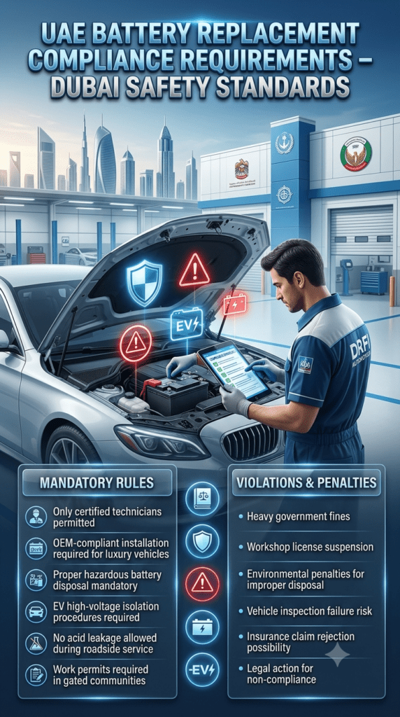 UAE Battery Replacement Compliance Requirements Dubai – Safety & Legal Standards Guide Professional automotive compliance infographic showing UAE battery replacement regulations in Dubai with certified technician, safety rules, and violation penalties displayed in structured panels.
