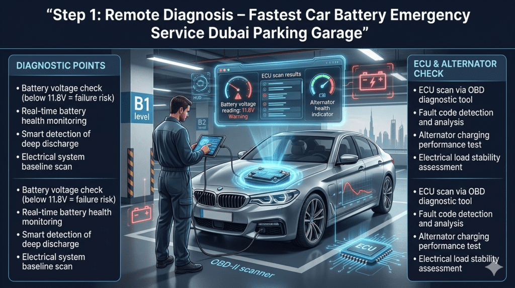 Automotive technician performing remote diagnosis on a luxury car battery in Dubai parking garage using OBD scanner showing voltage, ECU scan, and alternator health data.