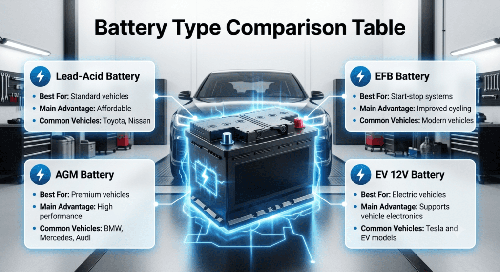 Battery Type Comparison Table showing Lead-Acid, AGM, EFB, and EV 12V car batteries with advantages and suitable vehicle types.