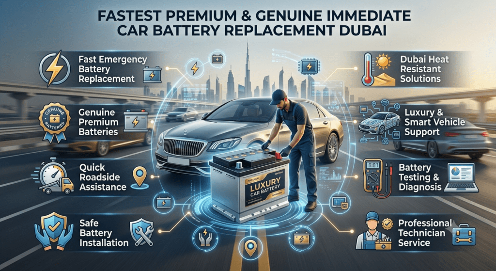 Fastest premium and genuine immediate car battery replacement Dubai service with professional battery installation and roadside assistance.