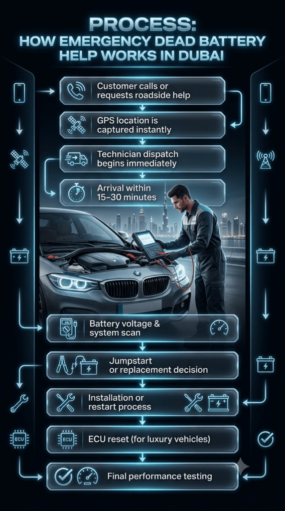 Step-by-step infographic showing how emergency dead battery roadside help works in Dubai including call request, GPS tracking, technician dispatch, arrival time, battery diagnostics, jumpstart or replacement, ECU reset, and final testing.