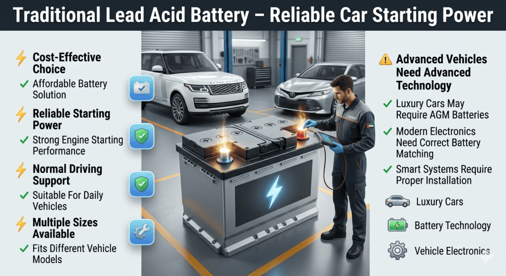 Traditional lead acid car battery guide showing affordable pricing, reliable starting power, multiple sizes, and comparison with advanced luxury vehicle battery technology.