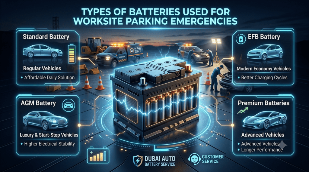 Types of Batteries Used for Worksite Parking Emergencies Professional automotive infographic showing different battery types used during worksite parking emergencies, including Standard, AGM, EFB, and Premium batteries with their uses and advantages.