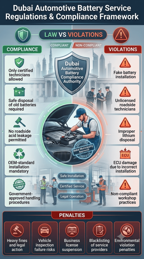 Dubai automotive battery service regulations infographic showing compliance rules, violations, penalties, and certified technician requirements for legal roadside battery services.