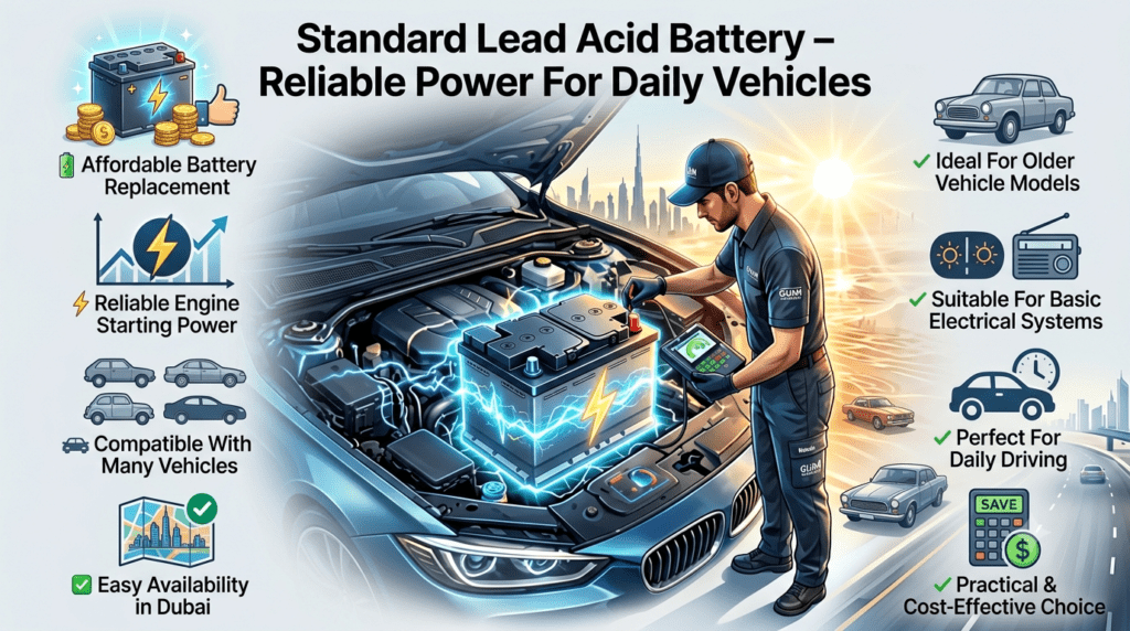 Standard lead acid car battery guide showing affordable replacement, reliable starting power, vehicle compatibility, and daily driving suitability.