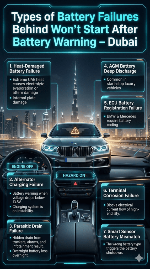 Luxury car battery failure types infographic showing heat damage, alternator failure, parasitic drain, and ECU issues in Dubai automotive emergency guide