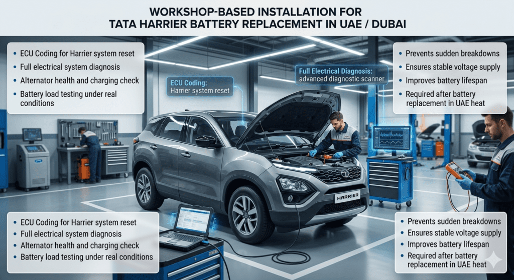 Harrier Workshop Installation Process – ECU Coding & Battery Diagnostics UAE Luxury automotive workshop showing Tata Harrier SUV battery replacement process with ECU coding, alternator testing, and full electrical diagnosis in UAE service center.