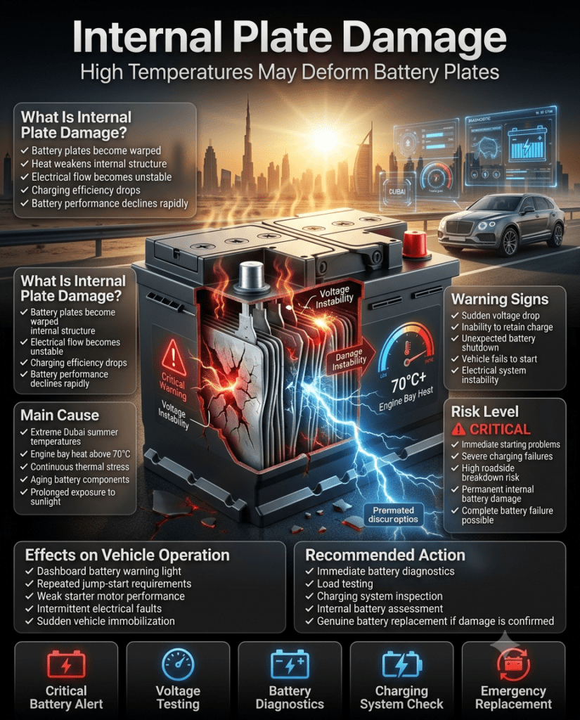 Professional automotive infographic showing internal battery plate damage caused by extreme heat, featuring warped battery plates, sudden voltage drops, charging failure, and critical battery warning indicators.