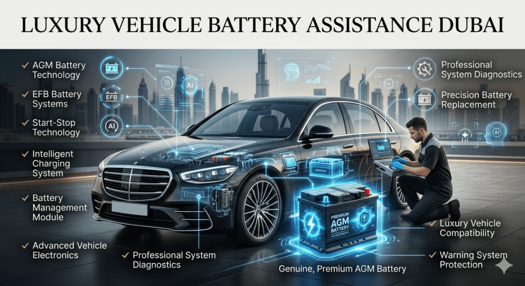 Luxury Vehicle Battery Assistance Dubai – Advanced Battery System Support Professional luxury vehicle battery assistance in Dubai featuring a premium SUV, advanced AGM battery technology, intelligent charging systems, and specialized diagnostics for modern luxury vehicles.