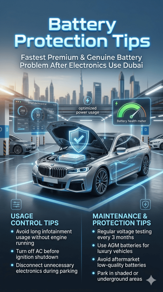 Tips for Fastest Premium & Genuine Battery Problem After Electronics Use Dubai Premium automotive infographic showing a luxury car battery protected by a glowing shield with Dubai parking background and structured side panels listing battery maintenance and usage tips.