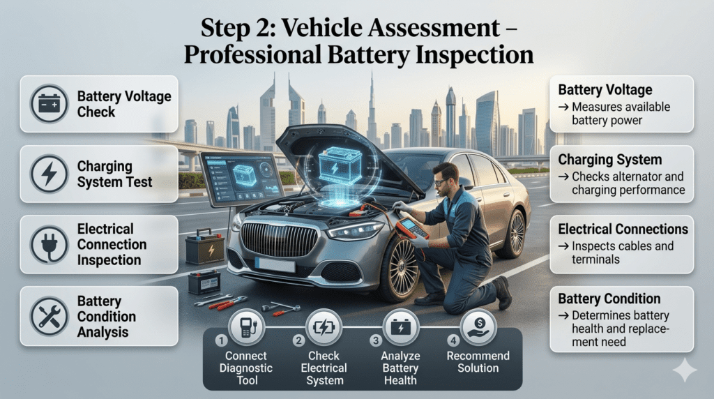 Vehicle assessment battery inspection guide showing technician checking battery voltage, charging system, electrical connections, and battery condition in Dubai.
