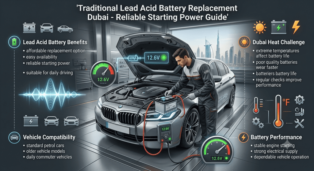 Traditional lead acid car battery replacement Dubai guide showing affordable battery benefits, vehicle compatibility, and heat protection tips.